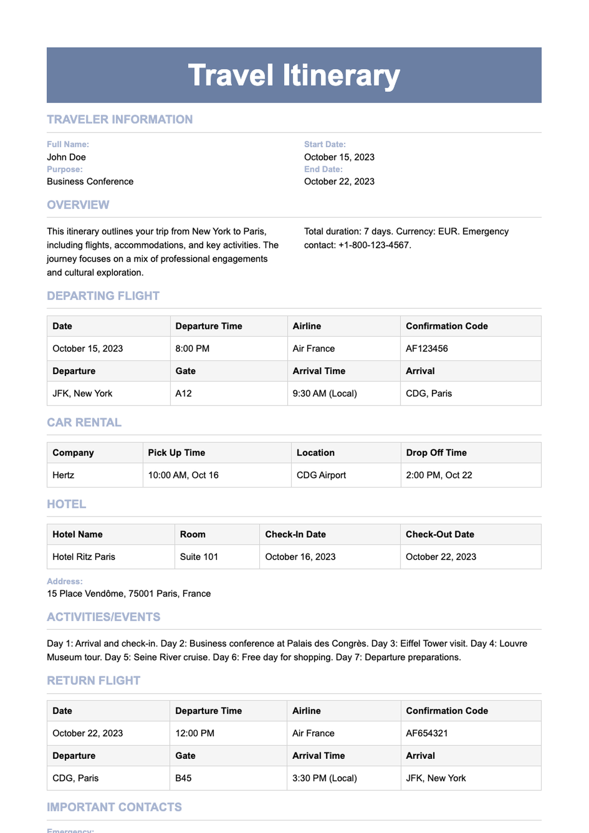 Professional travel itinerary for business trip to Berlin with flight car rental and hotel details_variant_2
